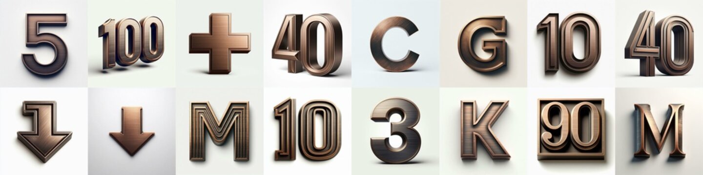 Brushed Bronze metal Lettering Typeface. AI generated illustration