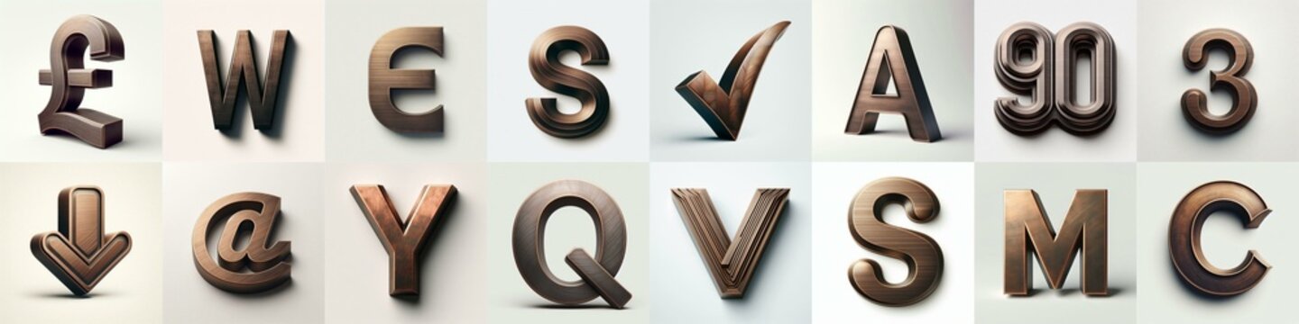 Brushed Bronze metal Lettering Typeface. AI generated illustration
