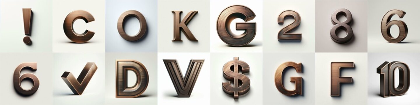 Brushed Bronze metal Lettering Typeface. AI generated illustration