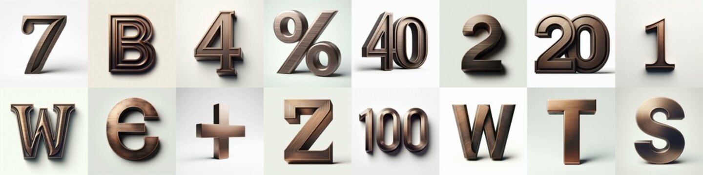 Brushed Bronze metal Lettering Typeface. AI generated illustration