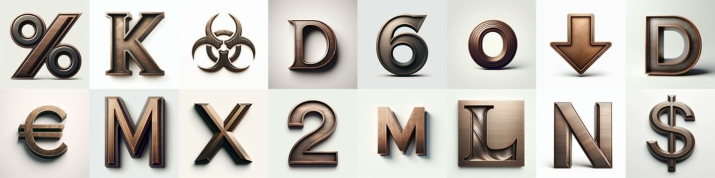 Brushed Bronze metal Lettering Typeface. AI generated illustration