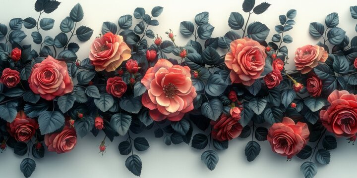 flower garland on a white background red dark red flowers, lush flowers, elegant flowers hanging in clusters, very long garland