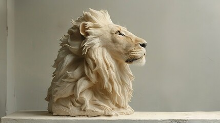 Poster -  A statue of a lion sits on a white table, adjacent to a white wall and in front of a white background