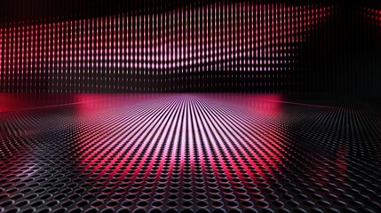 Wall Mural - Produce a sleek and modern photo featuring abstract red and black light patterns with a gradient, set against a dark metal-textured floor and wall.