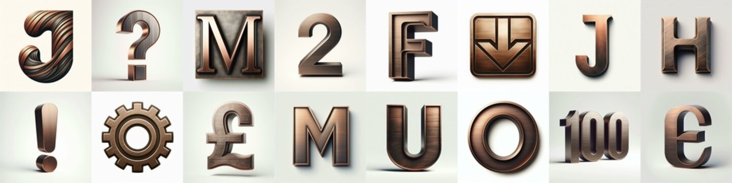 Brushed Bronze metal Lettering Typeface. AI generated illustration