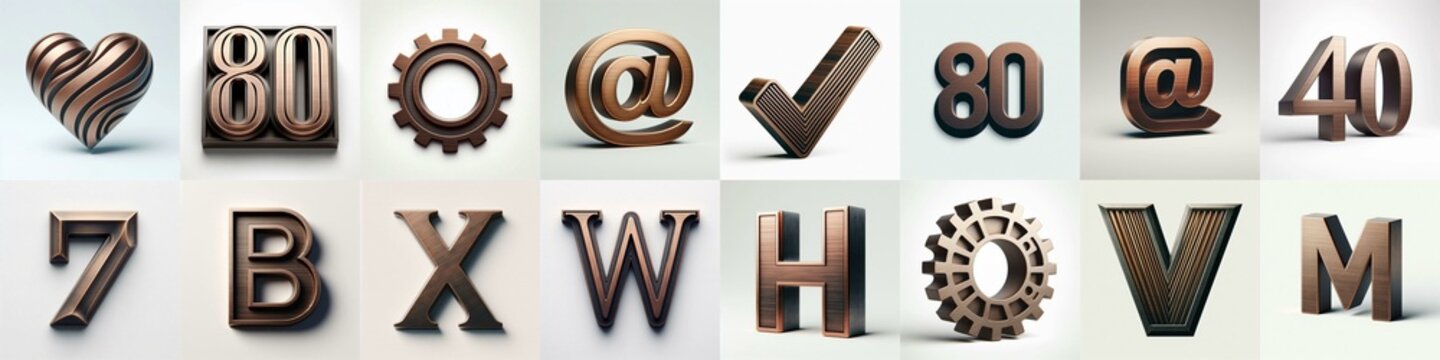 Brushed Bronze metal Lettering Typeface. AI generated illustration