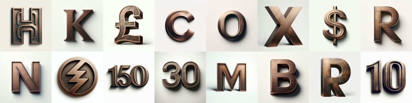 Brushed Bronze metal Lettering Typeface. AI generated illustration