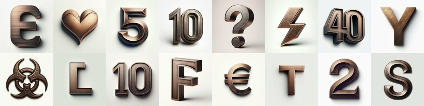 Brushed Bronze metal Lettering Typeface. AI generated illustration