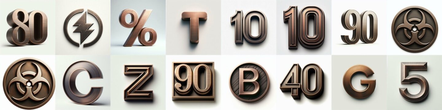 Brushed Bronze metal Lettering Typeface. AI generated illustration