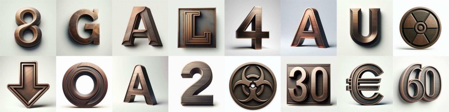 Brushed Bronze metal Lettering Typeface. AI generated illustration