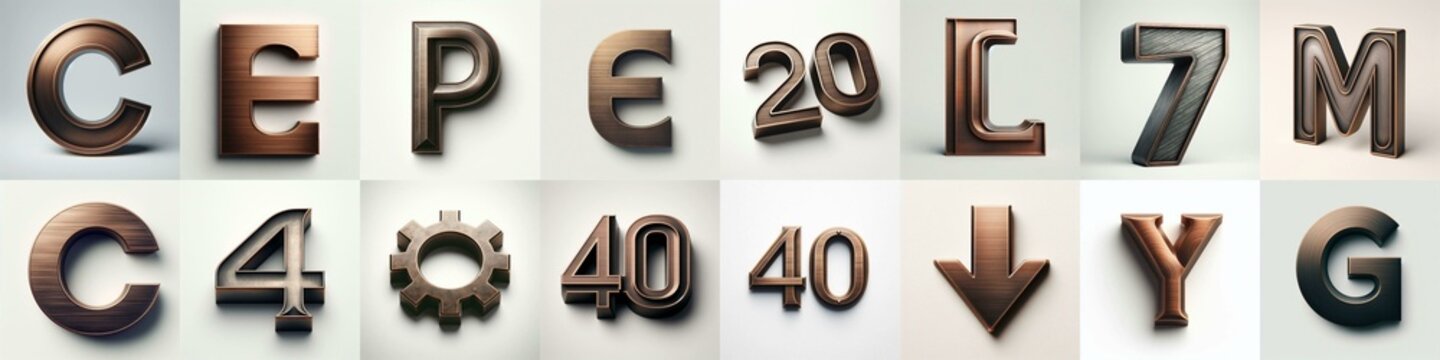Brushed Bronze metal Lettering Typeface. AI generated illustration