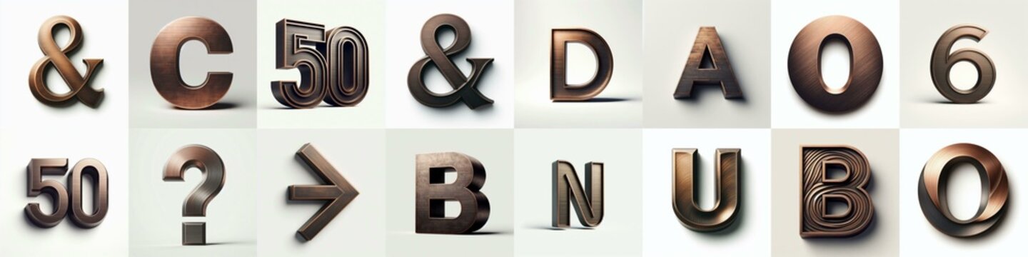 Brushed Bronze metal Lettering Typeface. AI generated illustration