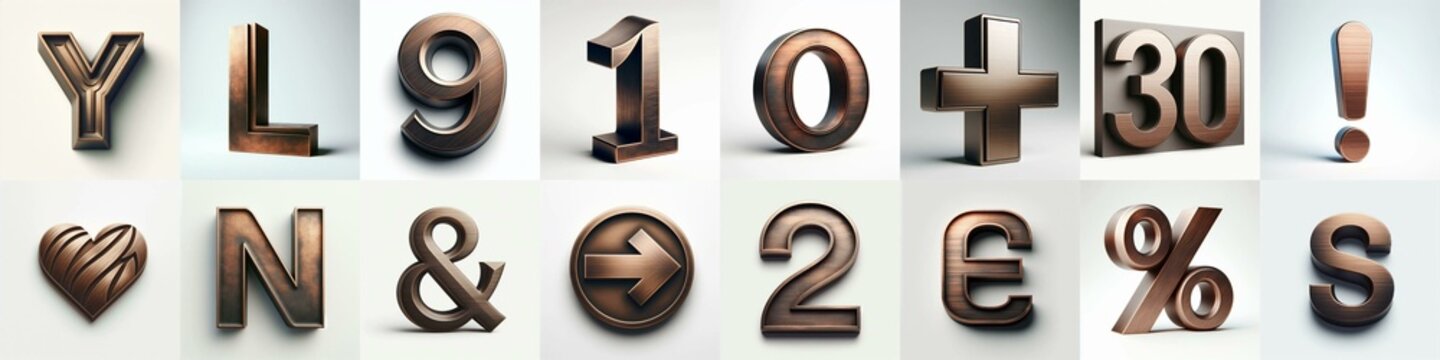 Brushed Bronze metal Lettering Typeface. AI generated illustration
