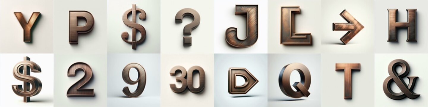 Brushed Bronze metal Lettering Typeface. AI generated illustration