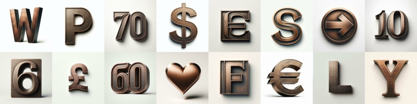 Brushed Bronze metal Lettering Typeface. AI generated illustration