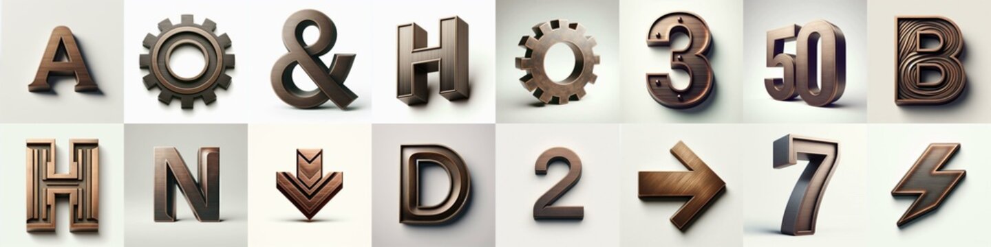 Brushed Bronze metal Lettering Typeface. AI generated illustration