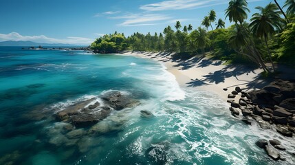 Wall Mural - Panoramic view of a tropical beach with palm trees and rocks