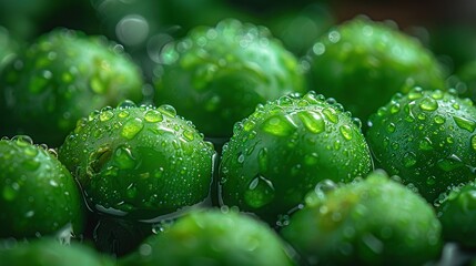 Wall Mural -   A close-up of several green veggies with water droplets on their tops