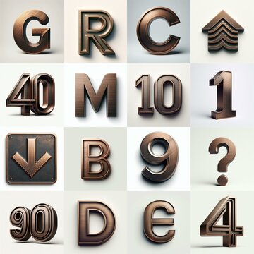 Brushed Bronze metal Lettering Typeface. AI generated illustration