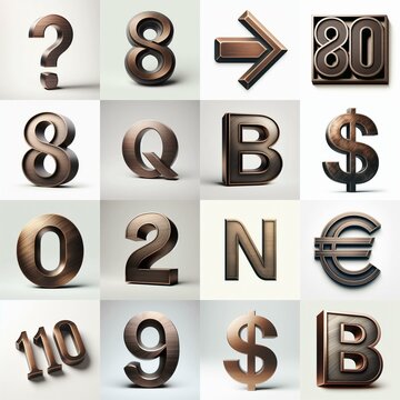 Brushed Bronze metal Lettering Typeface. AI generated illustration