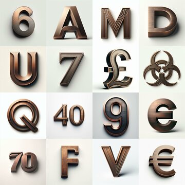Brushed Bronze metal Lettering Typeface. AI generated illustration