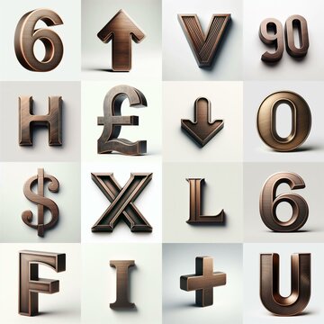 Brushed Bronze metal Lettering Typeface. AI generated illustration