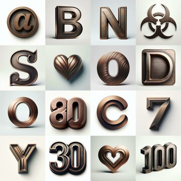 Brushed Bronze metal Lettering Typeface. AI generated illustration