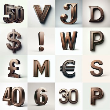 Brushed Bronze metal Lettering Typeface. AI generated illustration