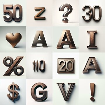 Brushed Bronze metal Lettering Typeface. AI generated illustration