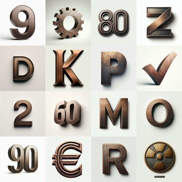 Brushed Bronze metal Lettering Typeface. AI generated illustration