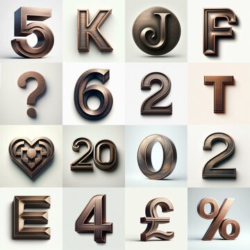 Brushed Bronze metal Lettering Typeface. AI generated illustration
