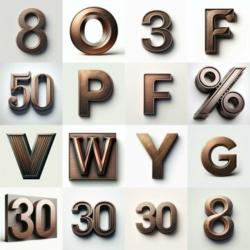 Brushed Bronze metal Lettering Typeface. AI generated illustration