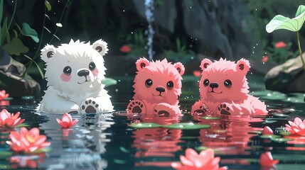 Sticker -   A trio of teddies bobbing atop water, surrounded by a verdant forest with a leafy canopy