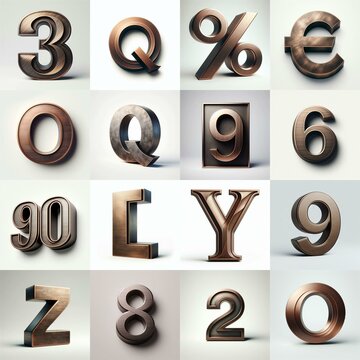 Brushed Bronze metal Lettering Typeface. AI generated illustration