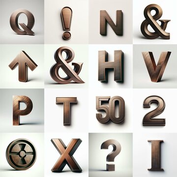 Brushed Bronze metal Lettering Typeface. AI generated illustration