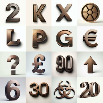 Brushed Bronze metal Lettering Typeface. AI generated illustration