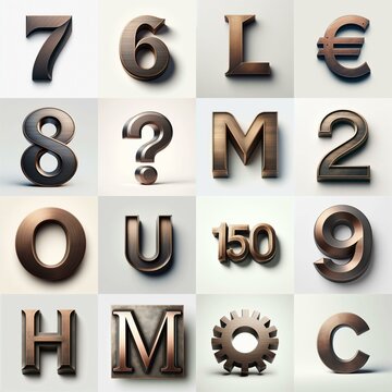 Brushed Bronze metal Lettering Typeface. AI generated illustration