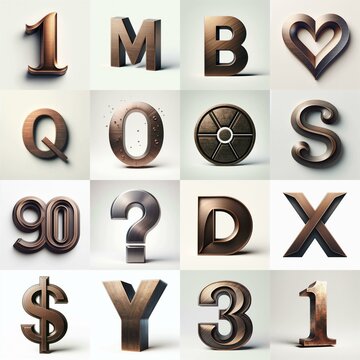 Brushed Bronze metal Lettering Typeface. AI generated illustration