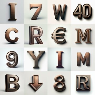 Brushed Bronze metal Lettering Typeface. AI generated illustration