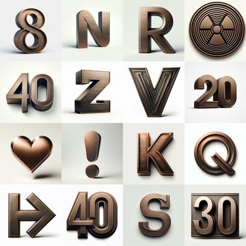 Brushed Bronze metal Lettering Typeface. AI generated illustration