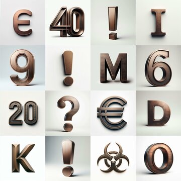 Brushed Bronze metal Lettering Typeface. AI generated illustration