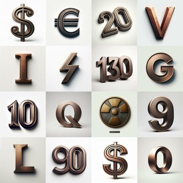 Brushed Bronze metal Lettering Typeface. AI generated illustration