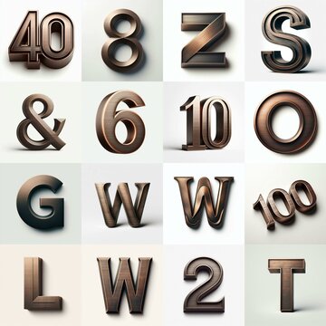 Brushed Bronze metal Lettering Typeface. AI generated illustration