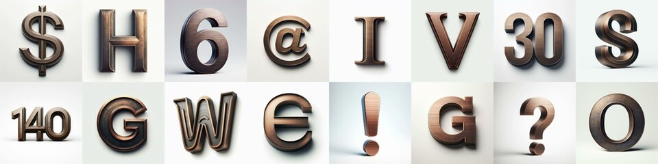 Brushed Bronze metal Lettering Typeface. AI generated illustration