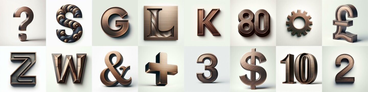 Brushed Bronze metal Lettering Typeface. AI generated illustration