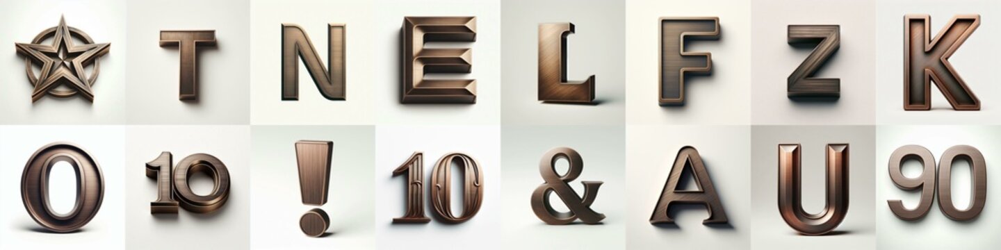 Brushed Bronze metal Lettering Typeface. AI generated illustration