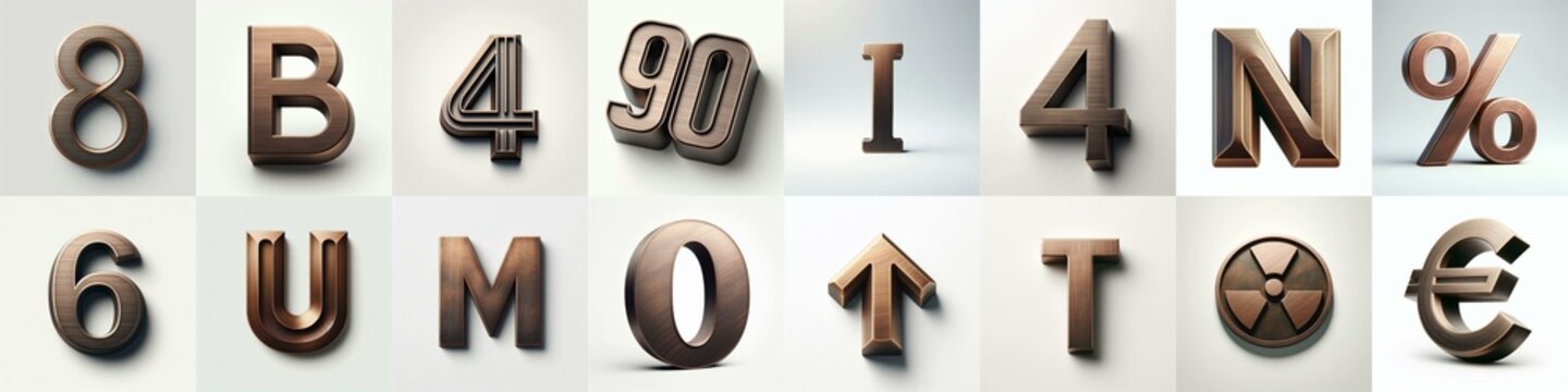 Brushed Bronze metal Lettering Typeface. AI generated illustration