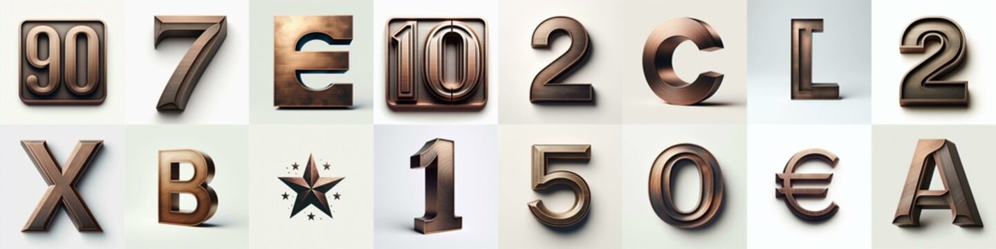 Brushed Bronze metal Lettering Typeface. AI generated illustration