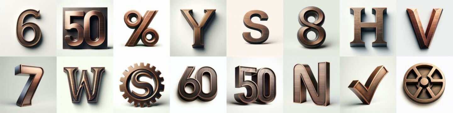 Brushed Bronze metal Lettering Typeface. AI generated illustration