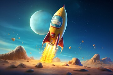 Vibrant illustration of a space rocket launching off a mysterious extraterrestrial landscape with a large moon